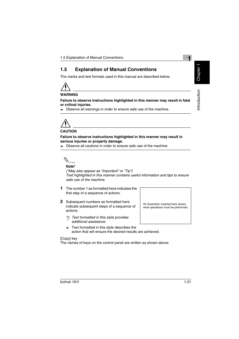 5 explanation of manual conventions, Explanation of manual conventions -21 | Konica Minolta bizhub 161f User Manual | Page 34 / 284