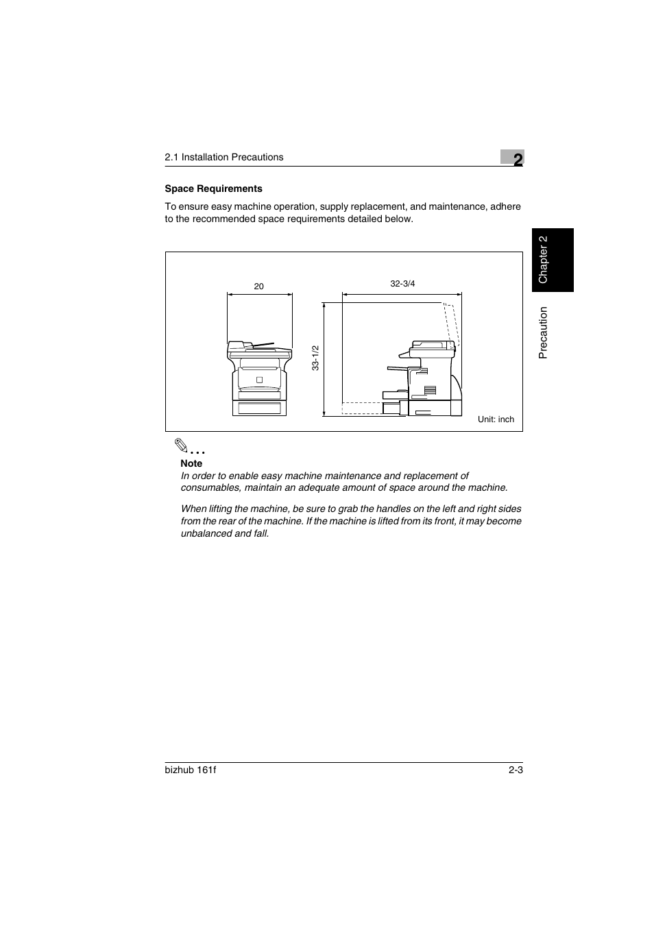 Space requirements, Space requirements -3 | Konica Minolta bizhub 161f User Manual | Page 40 / 284