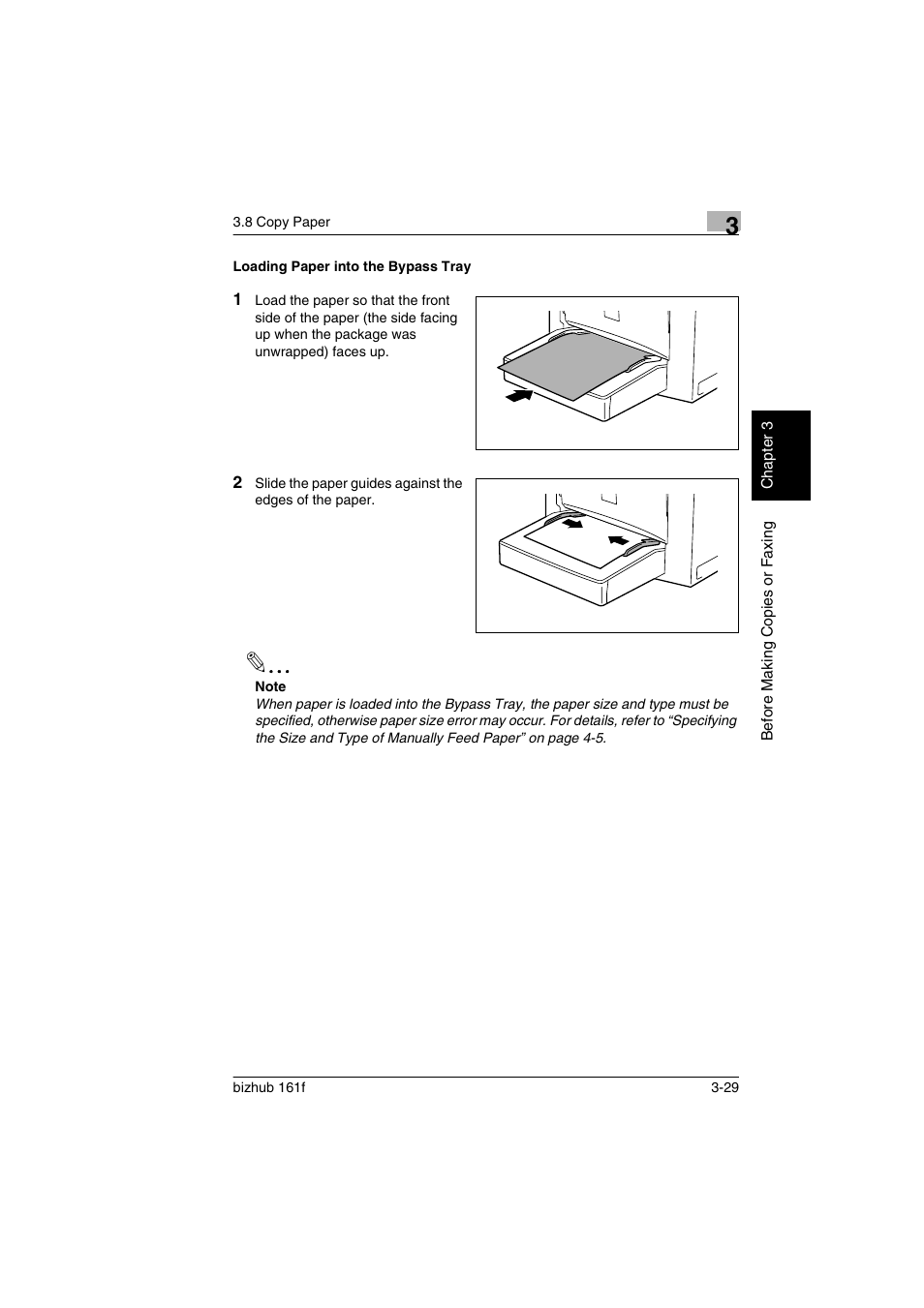 Loading paper into the bypass tray, Loading paper into the bypass tray -29, P. 3-29) | Konica Minolta bizhub 161f User Manual | Page 72 / 284