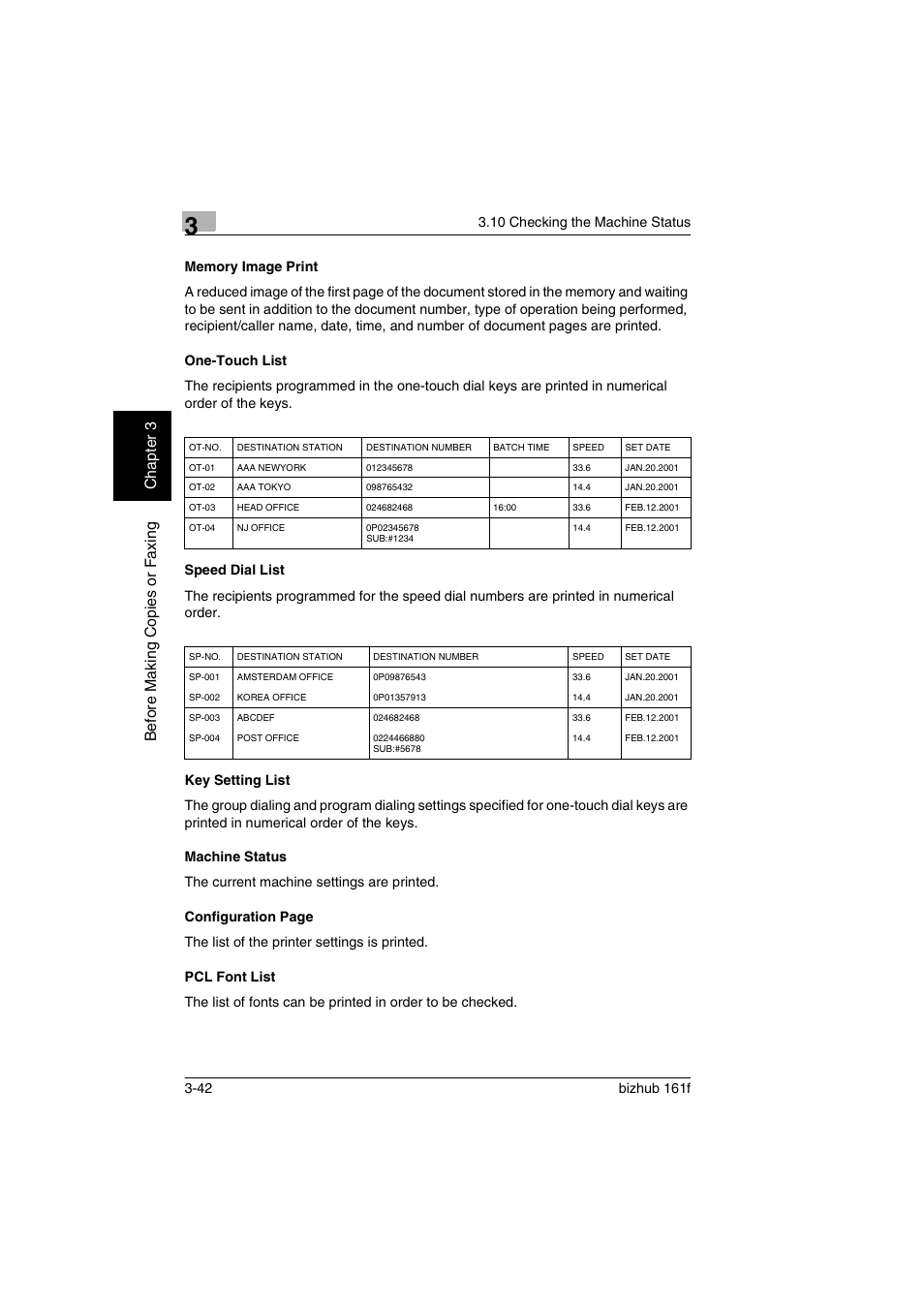 Memory image print, One-touch list, Speed dial list | Key setting list, Machine status, Pcl font list | Konica Minolta bizhub 161f User Manual | Page 85 / 284