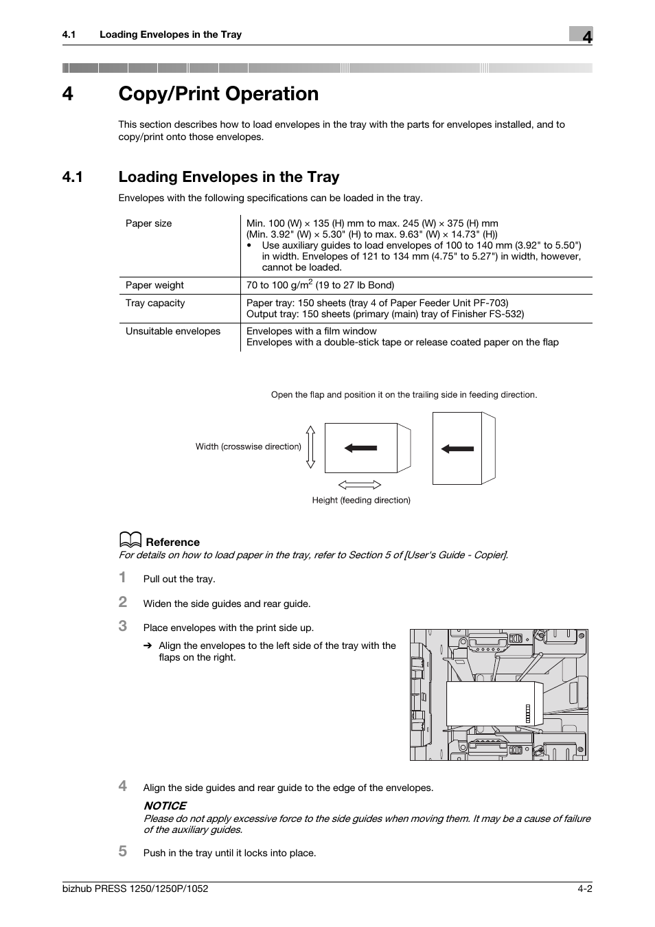 4 copy/print operation, 1 loading envelopes in the tray, Copy/print operation | Loading envelopes in the tray -2, 4copy/print operation | Konica Minolta bizhub PRESS 1052 User Manual | Page 25 / 42