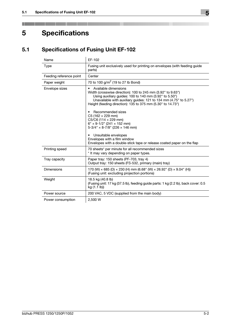 5 specifications, 1 specifications of fusing unit ef-102, Specifications | Specifications of fusing unit ef-102 -2, 5specifications | Konica Minolta bizhub PRESS 1052 User Manual | Page 40 / 42