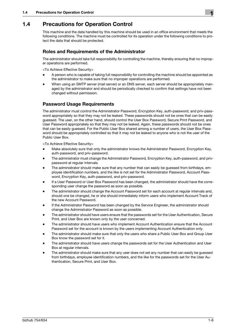 4 precautions for operation control, Roles and requirements of the administrator, Password usage requirements | Konica Minolta bizhub 754 User Manual | Page 10 / 195