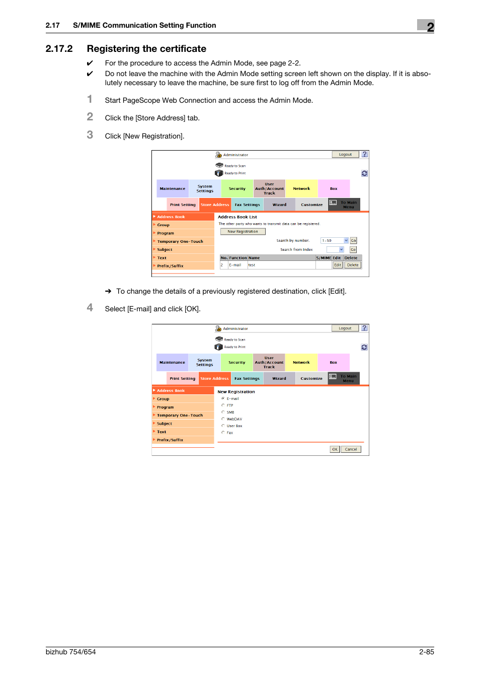 2 registering the certificate, Registering the certificate -85 | Konica Minolta bizhub 754 User Manual | Page 101 / 195