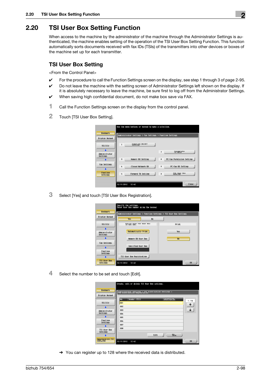 20 tsi user box setting function, Tsi user box setting | Konica Minolta bizhub 754 User Manual | Page 114 / 195