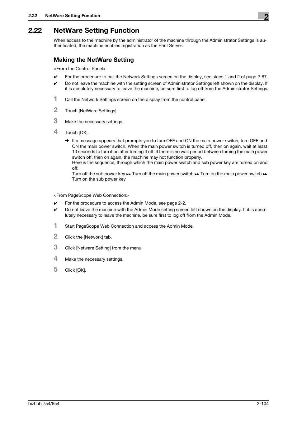 22 netware setting function, Making the netware setting | Konica Minolta bizhub 754 User Manual | Page 120 / 195