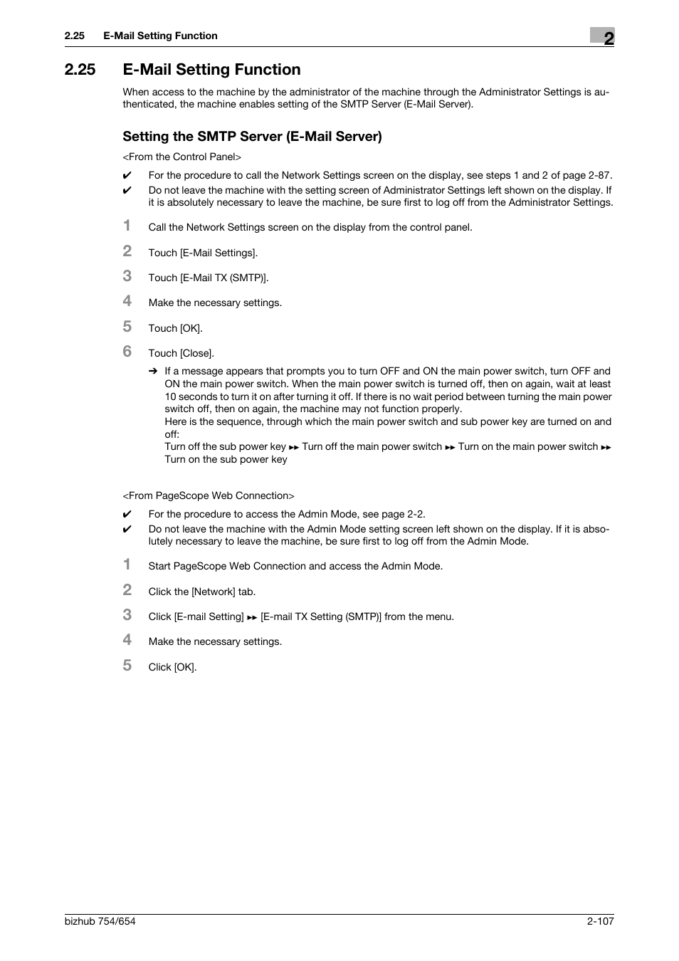 25 e-mail setting function, Setting the smtp server (e-mail server) | Konica Minolta bizhub 754 User Manual | Page 123 / 195