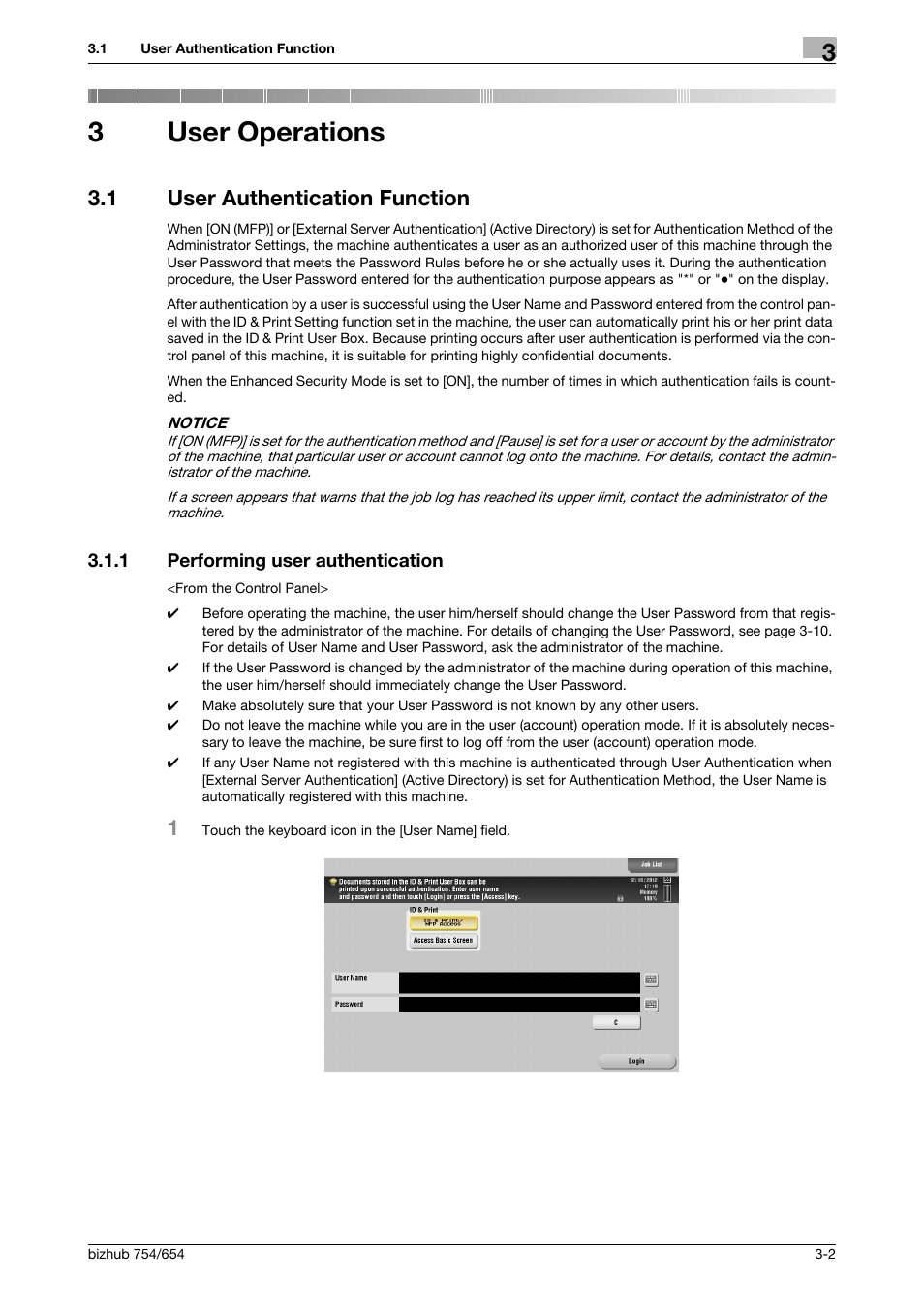 3 user operations, 1 user authentication function, 1 performing user authentication | User operations, User authentication function -2, Performing user authentication -2, 3user operations | Konica Minolta bizhub 754 User Manual | Page 125 / 195