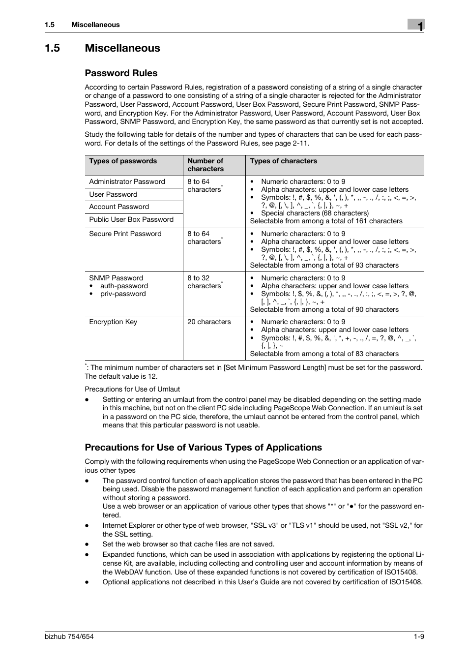 5 miscellaneous, Password rules | Konica Minolta bizhub 754 User Manual | Page 13 / 195