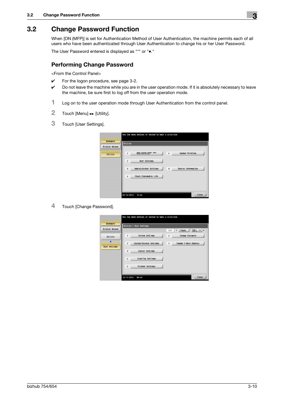 2 change password function, Performing change password | Konica Minolta bizhub 754 User Manual | Page 133 / 195