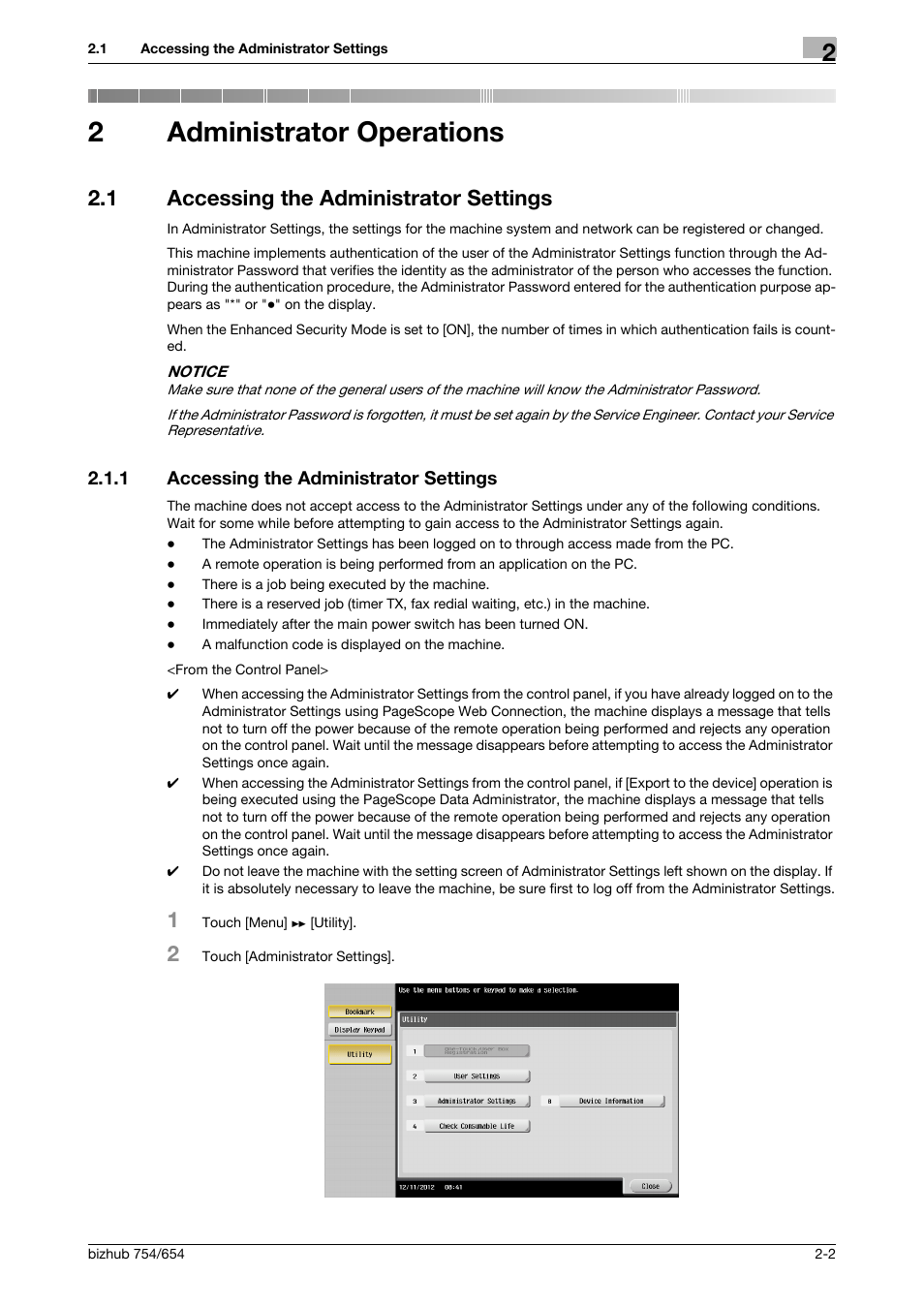 2 administrator operations, 1 accessing the administrator settings, Administrator operations | Accessing the administrator settings -2, 2administrator operations | Konica Minolta bizhub 754 User Manual | Page 18 / 195