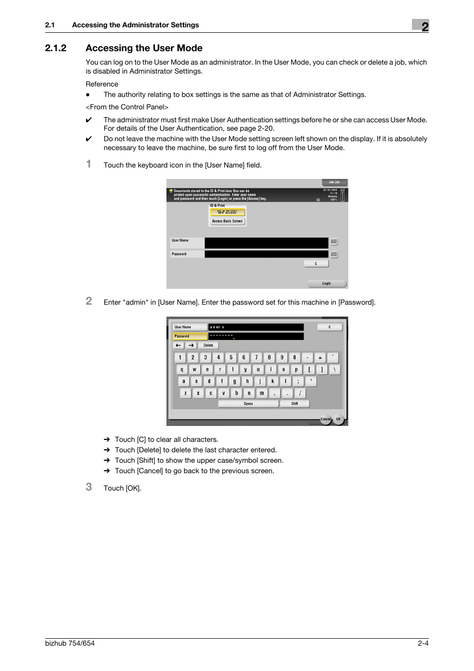 2 accessing the user mode, Accessing the user mode -4 | Konica Minolta bizhub 754 User Manual | Page 20 / 195