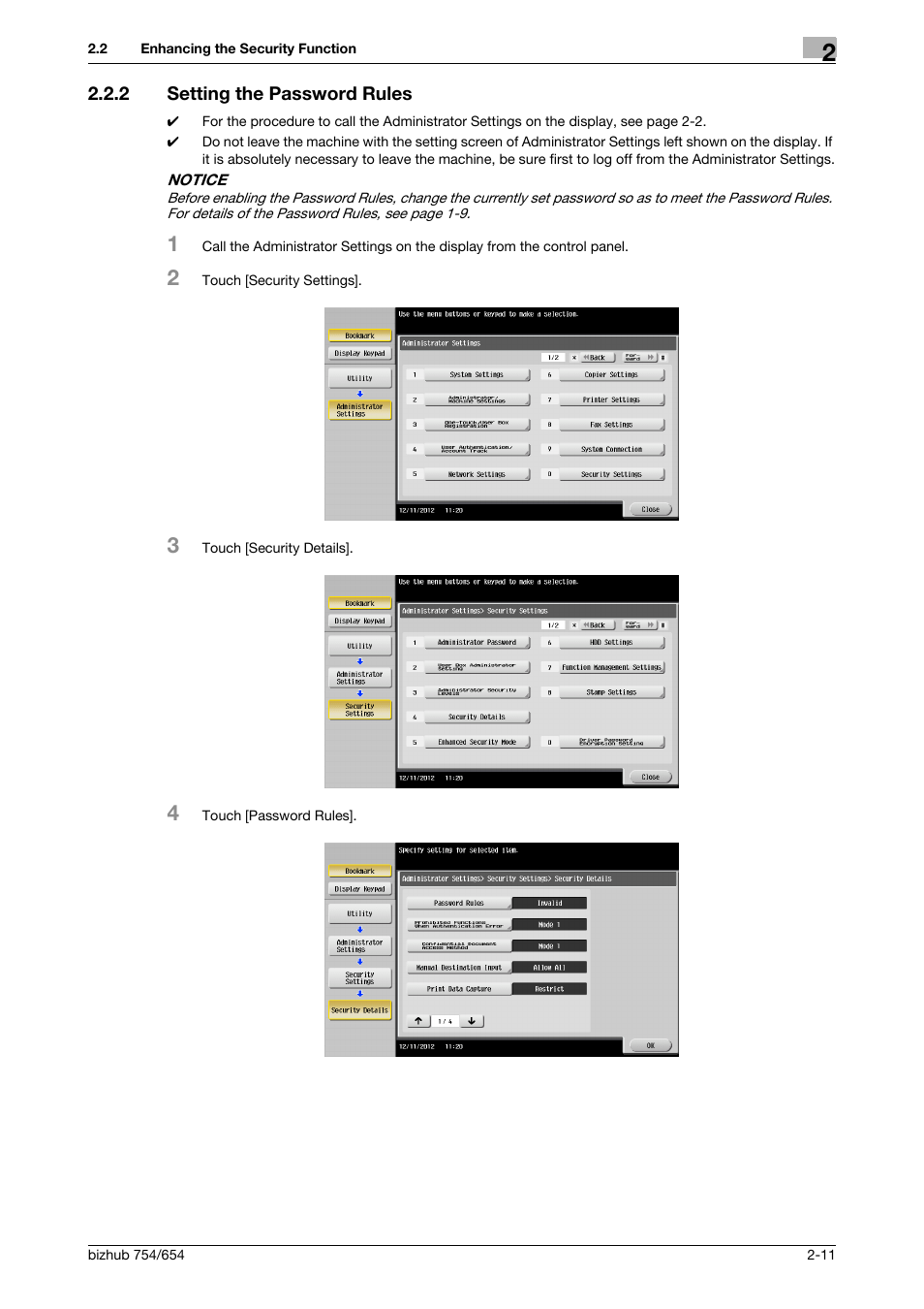 2 setting the password rules, Setting the password rules -11 | Konica Minolta bizhub 754 User Manual | Page 27 / 195