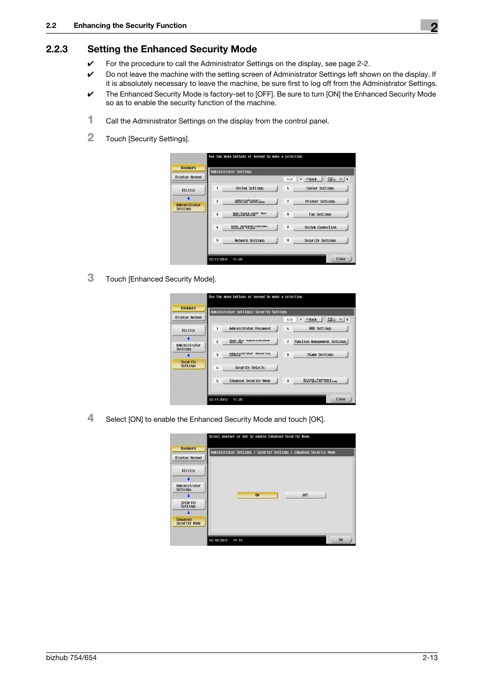 3 setting the enhanced security mode, Setting the enhanced security mode -13 | Konica Minolta bizhub 754 User Manual | Page 29 / 195