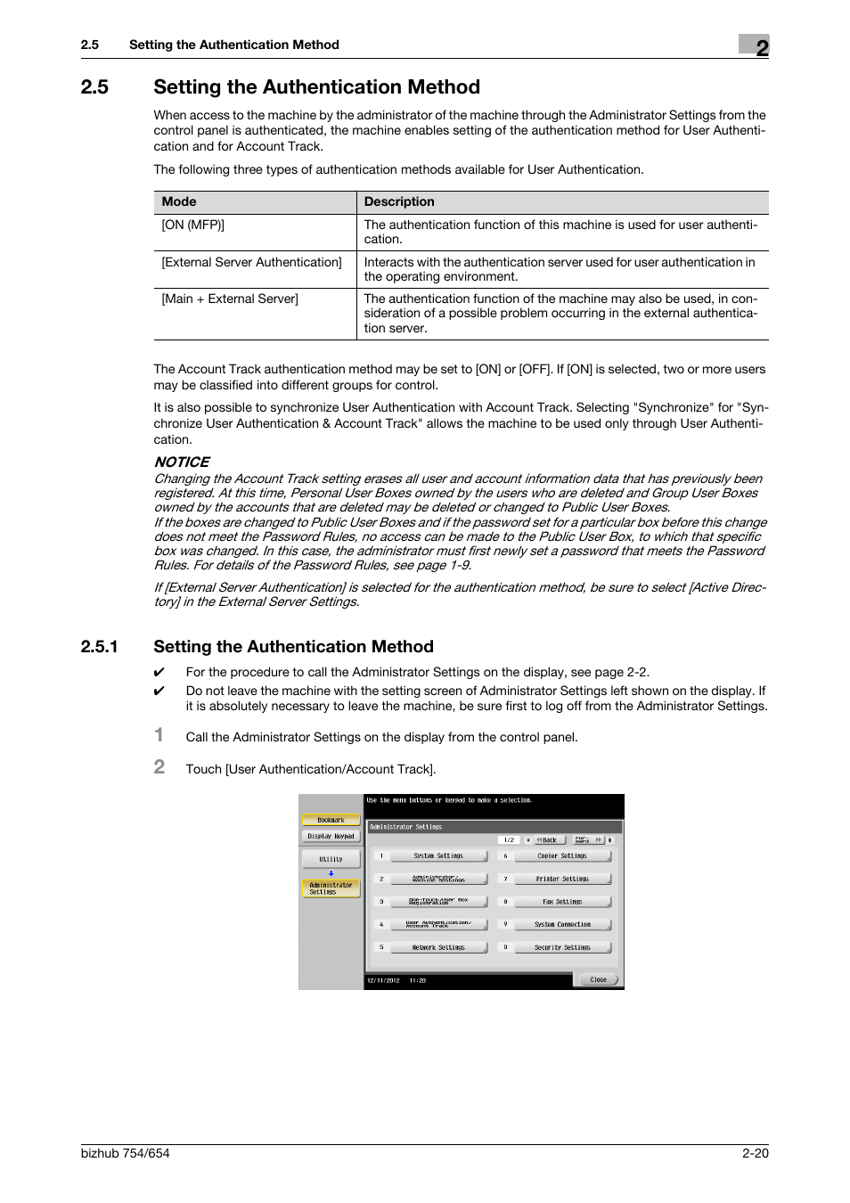 5 setting the authentication method, 1 setting the authentication method, Setting the authentication method -20 | Konica Minolta bizhub 754 User Manual | Page 36 / 195