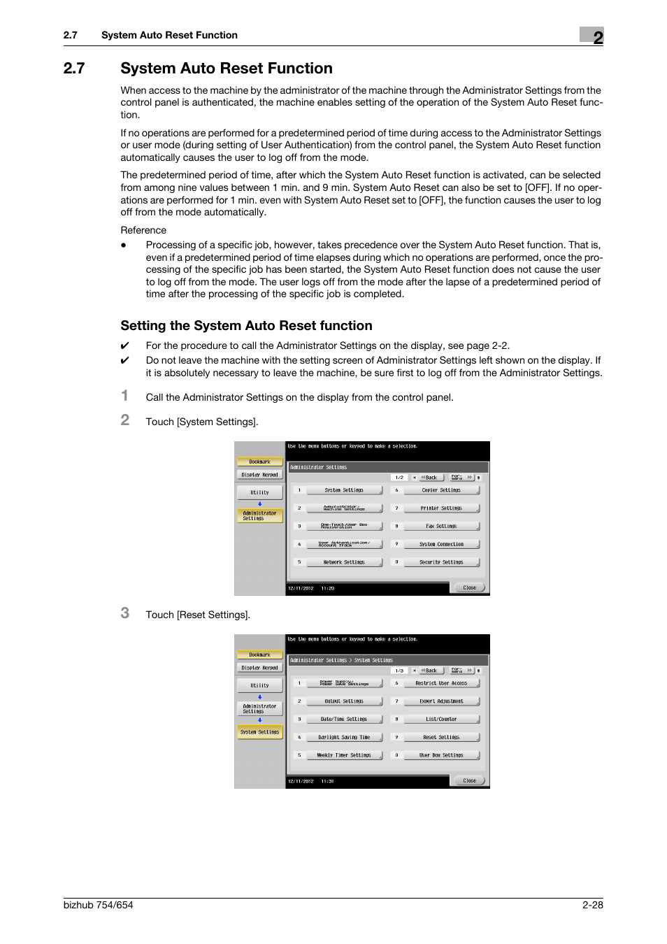 7 system auto reset function, Setting the system auto reset function | Konica Minolta bizhub 754 User Manual | Page 44 / 195