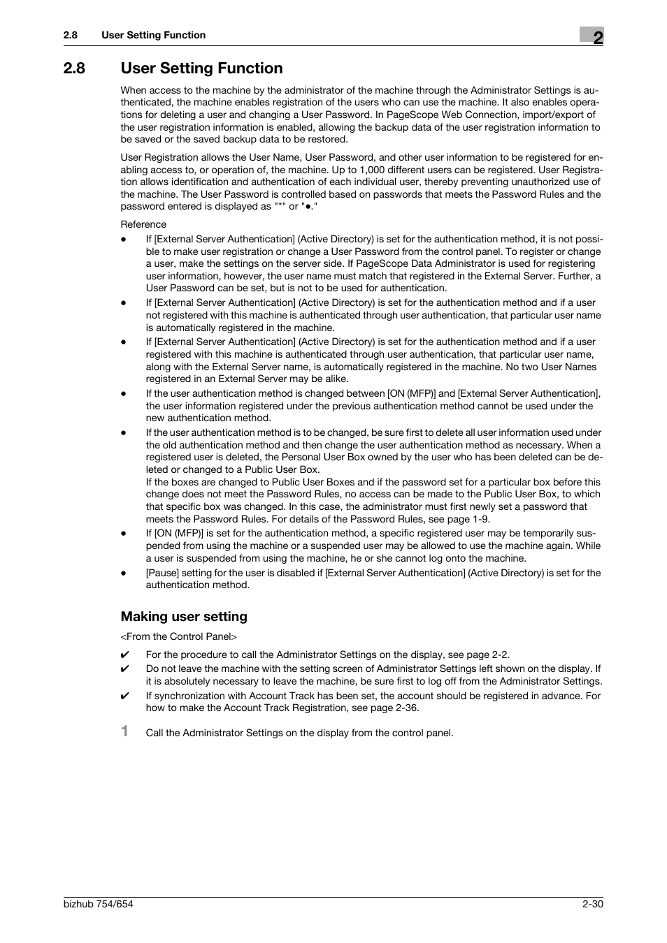 8 user setting function, Making user setting, User setting function -30 making user setting -30 | Konica Minolta bizhub 754 User Manual | Page 46 / 195
