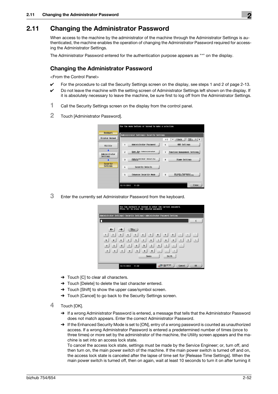 11 changing the administrator password, Changing the administrator password | Konica Minolta bizhub 754 User Manual | Page 68 / 195
