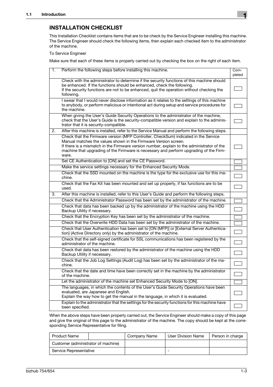 Installation checklist, Installation checklist -3 | Konica Minolta bizhub 754 User Manual | Page 7 / 195