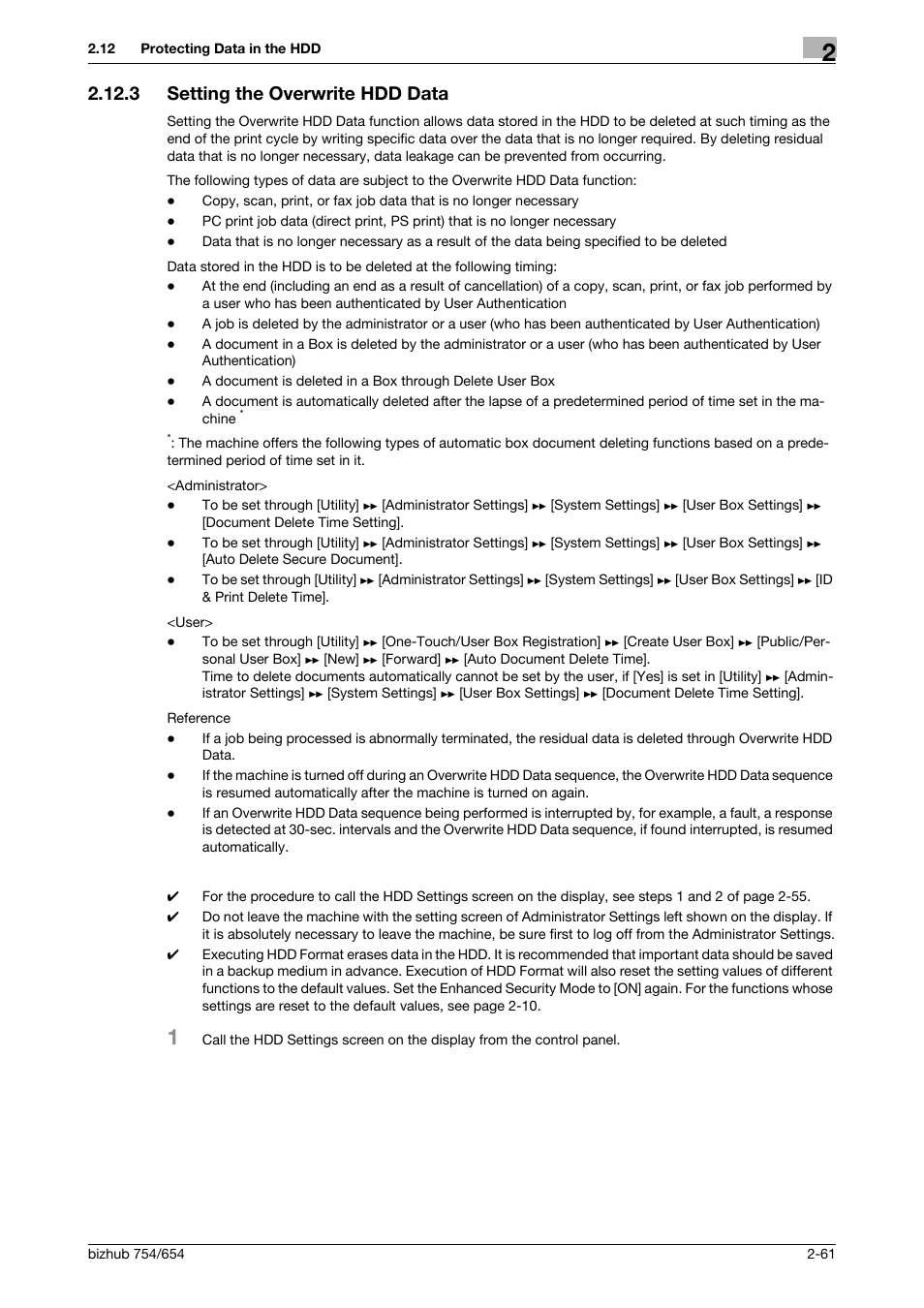 3 setting the overwrite hdd data, Setting the overwrite hdd data -61 | Konica Minolta bizhub 754 User Manual | Page 77 / 195