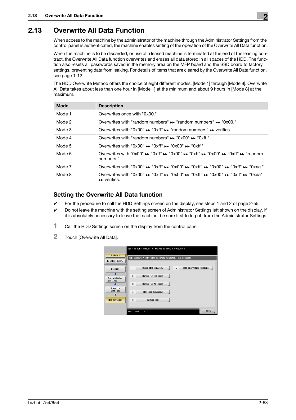13 overwrite all data function, Setting the overwrite all data function | Konica Minolta bizhub 754 User Manual | Page 79 / 195
