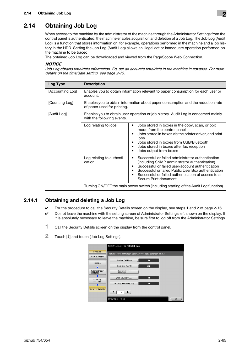 14 obtaining job log, 1 obtaining and deleting a job log, Obtaining job log -65 | Obtaining and deleting a job log -65 | Konica Minolta bizhub 754 User Manual | Page 81 / 195