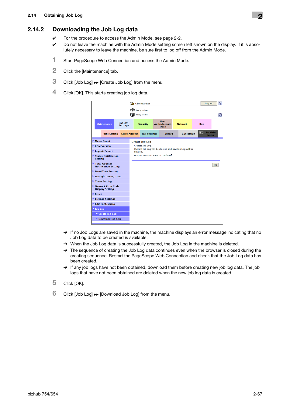 2 downloading the job log data, Downloading the job log data -67 | Konica Minolta bizhub 754 User Manual | Page 83 / 195