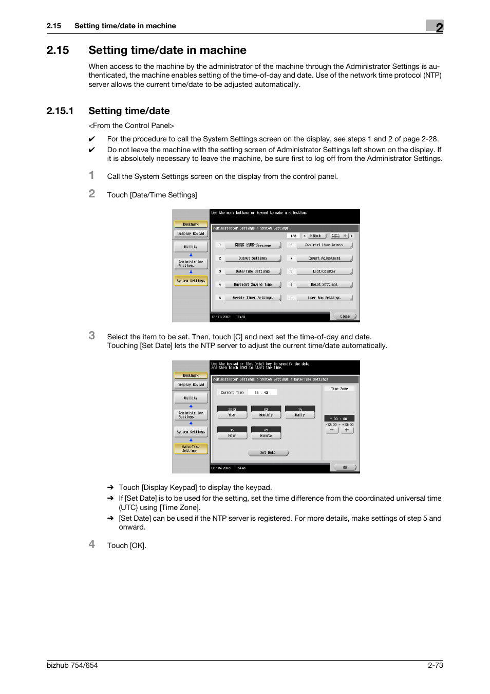 15 setting time/date in machine, 1 setting time/date, Setting time/date in machine -73 | Setting time/date -73 | Konica Minolta bizhub 754 User Manual | Page 89 / 195