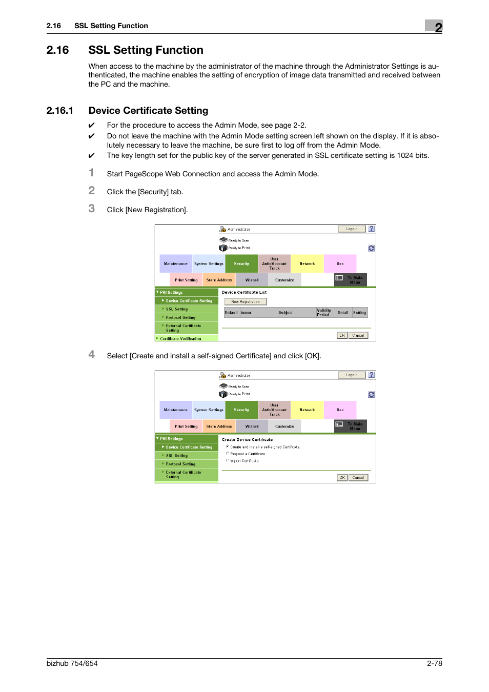16 ssl setting function, 1 device certificate setting, Ssl setting function -78 | Device certificate setting -78 | Konica Minolta bizhub 754 User Manual | Page 94 / 195
