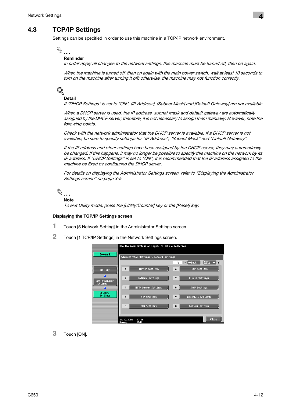 3 tcp/ip settings, Displaying the tcp/ip settings screen | Konica Minolta bizhub C650 User Manual | Page 192 / 304