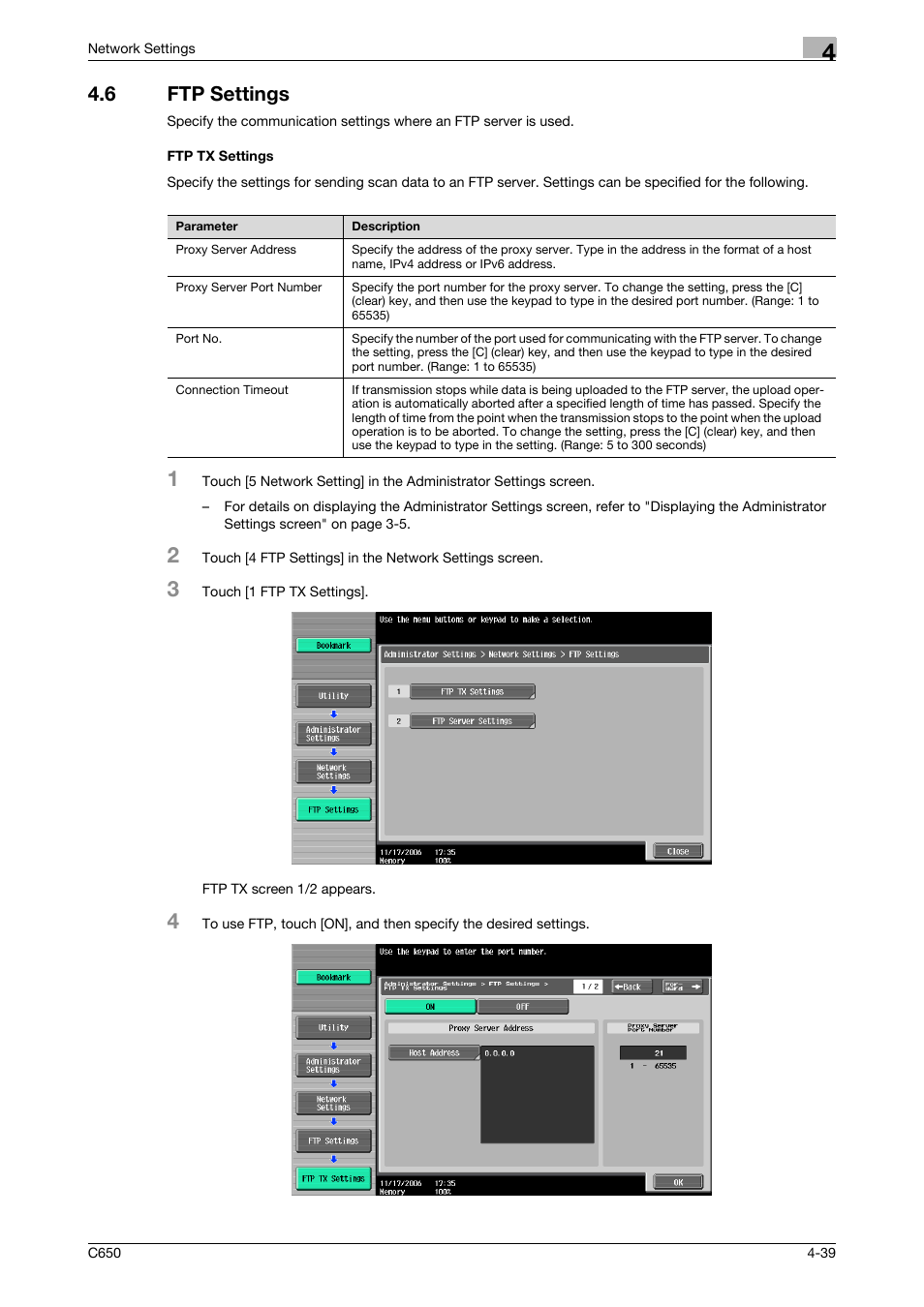 6 ftp settings, Ftp tx settings, Ftp settings -39 ftp tx settings -39 | Konica Minolta bizhub C650 User Manual | Page 219 / 304