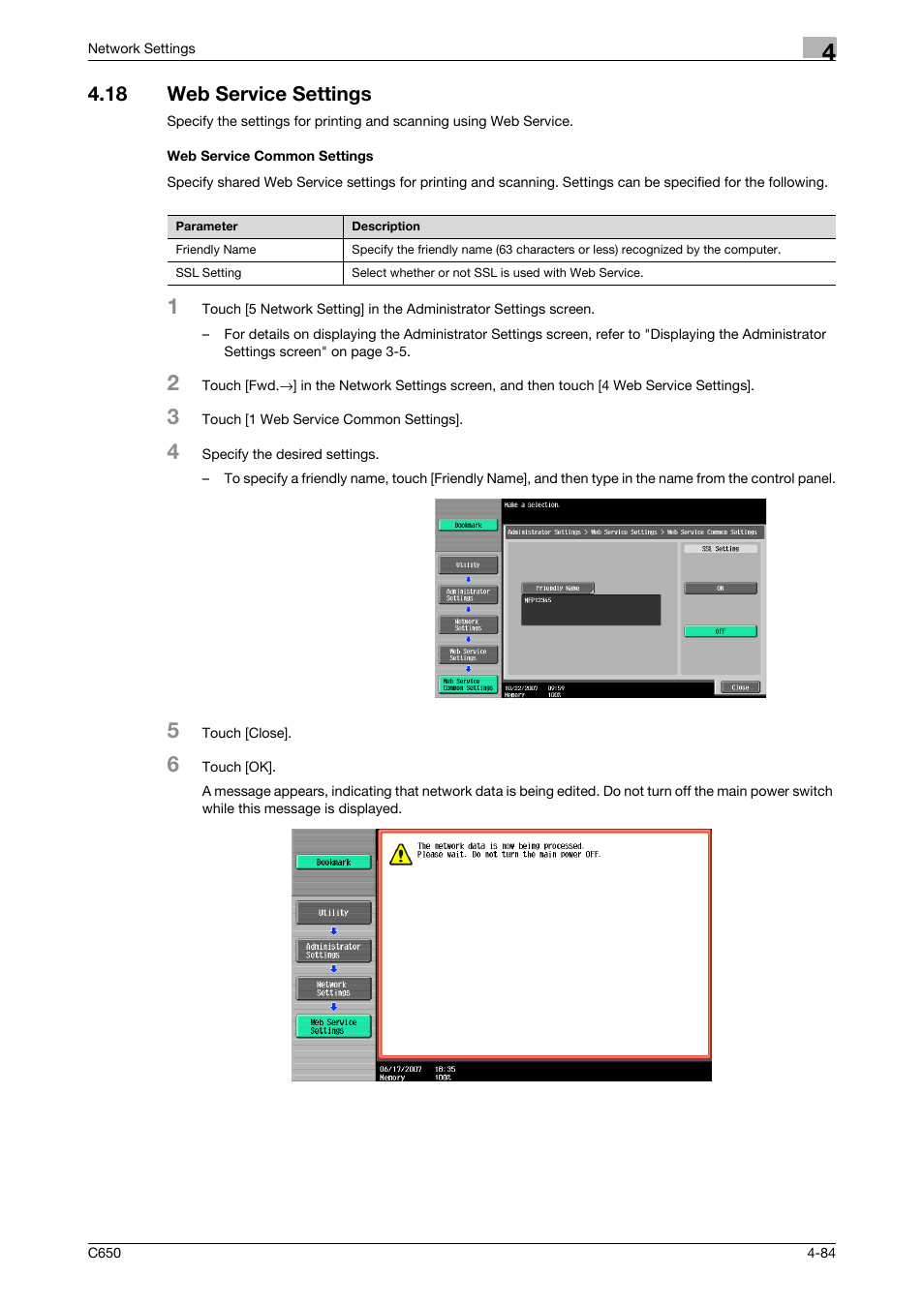 18 web service settings, Web service common settings | Konica Minolta bizhub C650 User Manual | Page 264 / 304