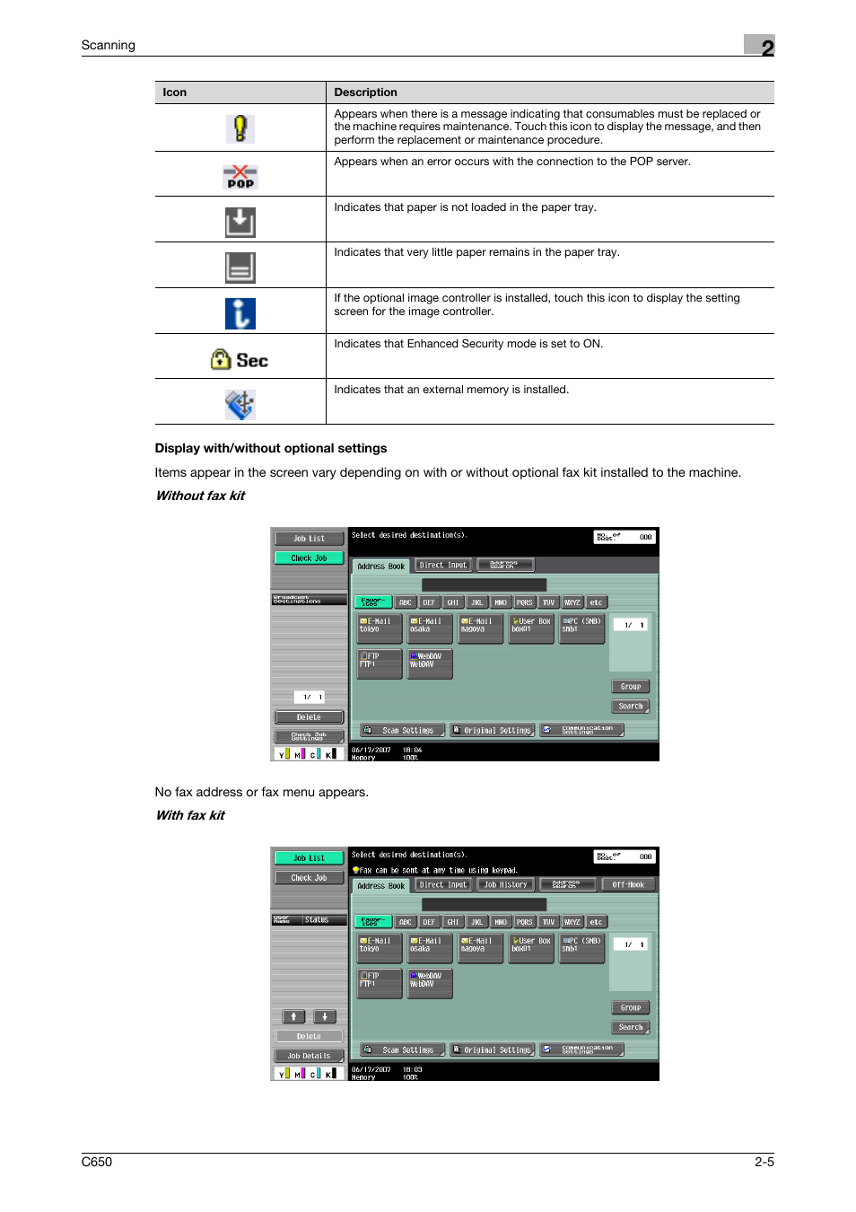 Display with/without optional settings, Display with/without optional settings -5 | Konica Minolta bizhub C650 User Manual | Page 32 / 304
