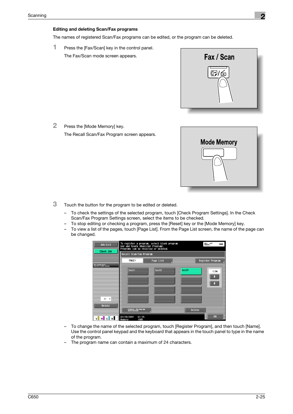 Editing and deleting scan/fax programs, Editing and deleting scan/fax programs -25 | Konica Minolta bizhub C650 User Manual | Page 52 / 304