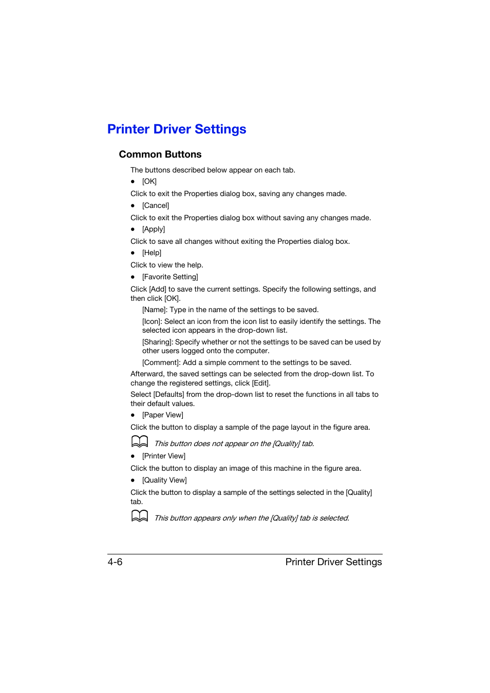 Printer driver settings, Common buttons, Printer driver settings -6 | Common buttons -6, Printer driver settings 4-6 | Konica Minolta bizhub C25 User Manual | Page 155 / 341