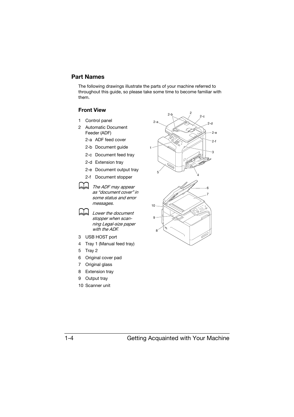Part names, Front view, Part names -4 | Front view -4 | Konica Minolta bizhub C25 User Manual | Page 17 / 341
