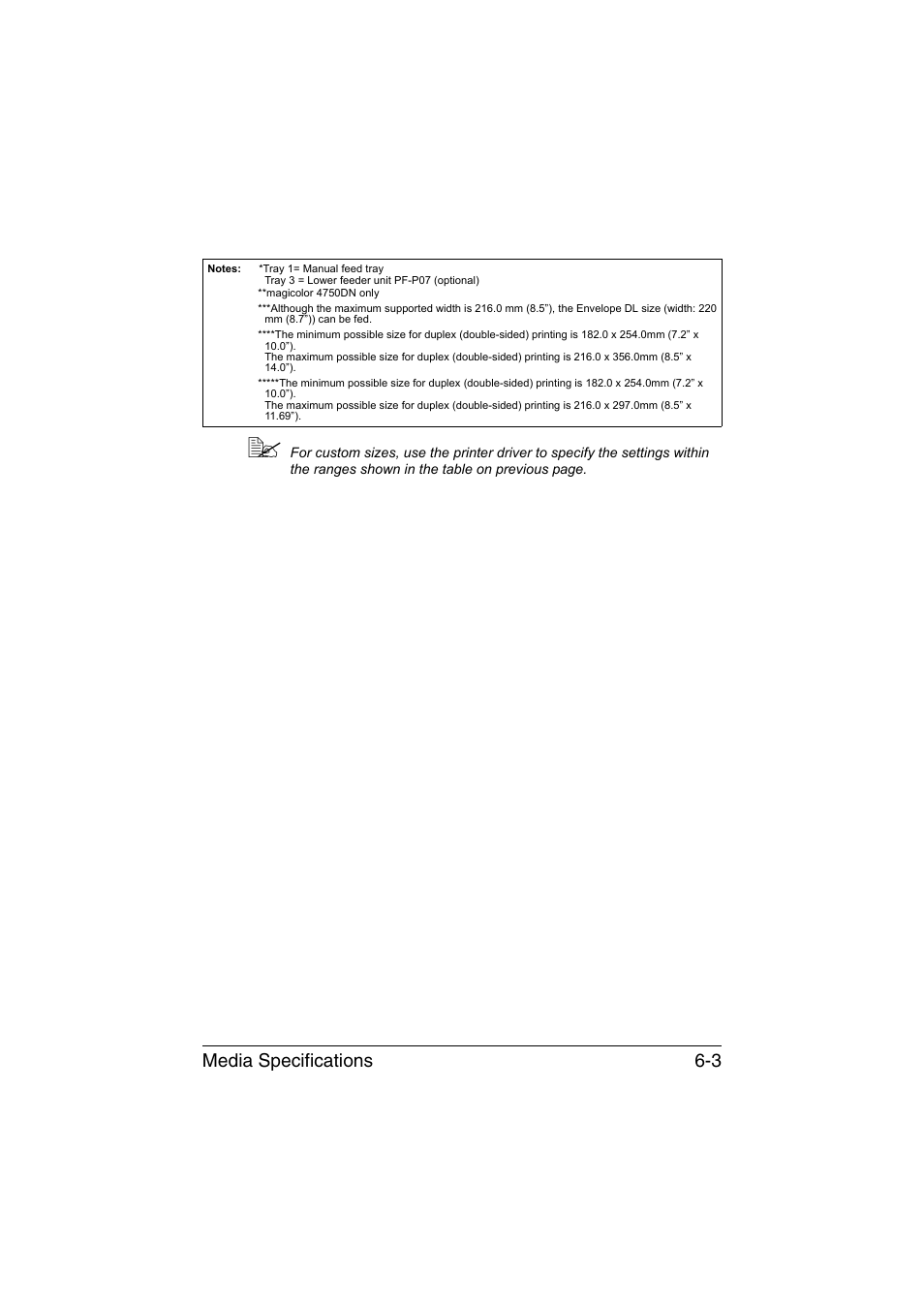Media specifications 6-3 | Konica Minolta magicolor 4750EN-4750DN User Manual | Page 122 / 280