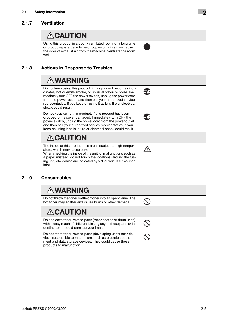 7 ventilation, 8 actions in response to troubles, 9 consumables | Ventilation -5, Actions in response to troubles -5, Consumables -5 | Konica Minolta bizhub PRESS C6000 User Manual | Page 14 / 42