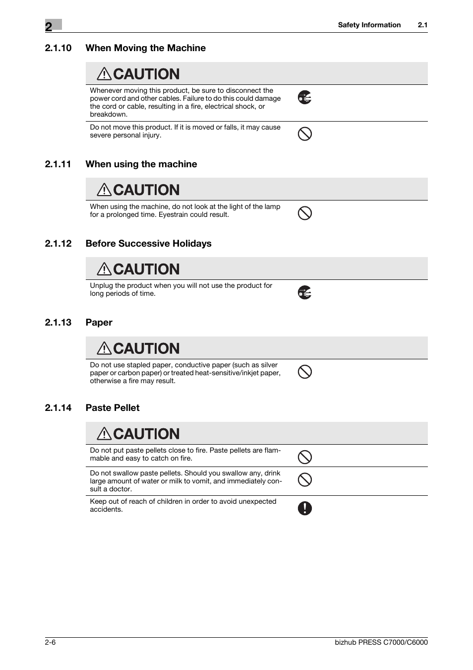 10 when moving the machine, 11 when using the machine, 12 before successive holidays | 13 paper, 14 paste pellet, When moving the machine -6, When using the machine -6, Before successive holidays -6, Paper -6, Paste pellet -6 | Konica Minolta bizhub PRESS C6000 User Manual | Page 15 / 42