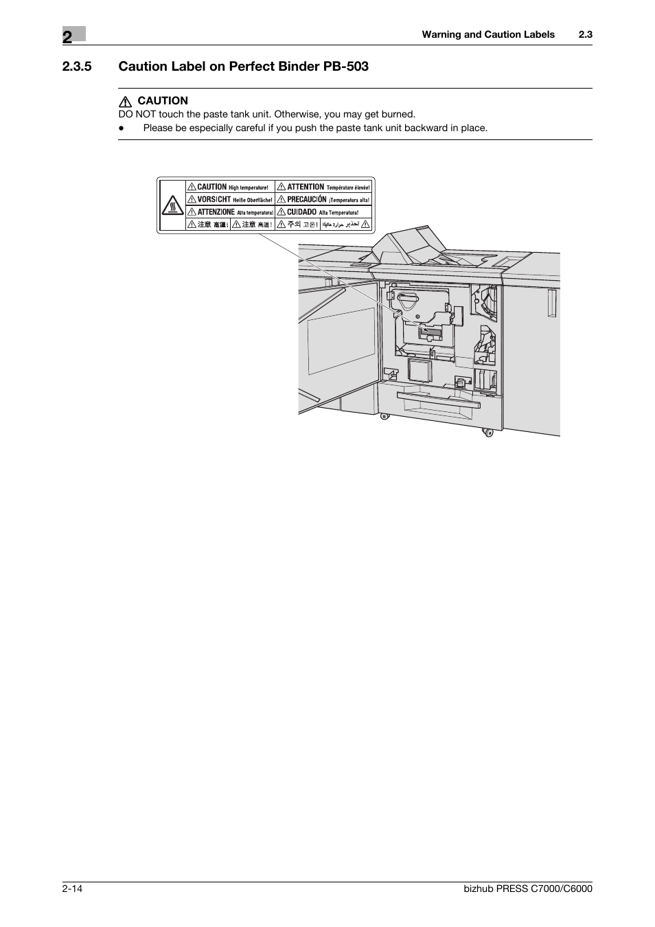 5 caution label on perfect binder pb-503, Caution label on perfect binder pb-503 -14 | Konica Minolta bizhub PRESS C6000 User Manual | Page 23 / 42