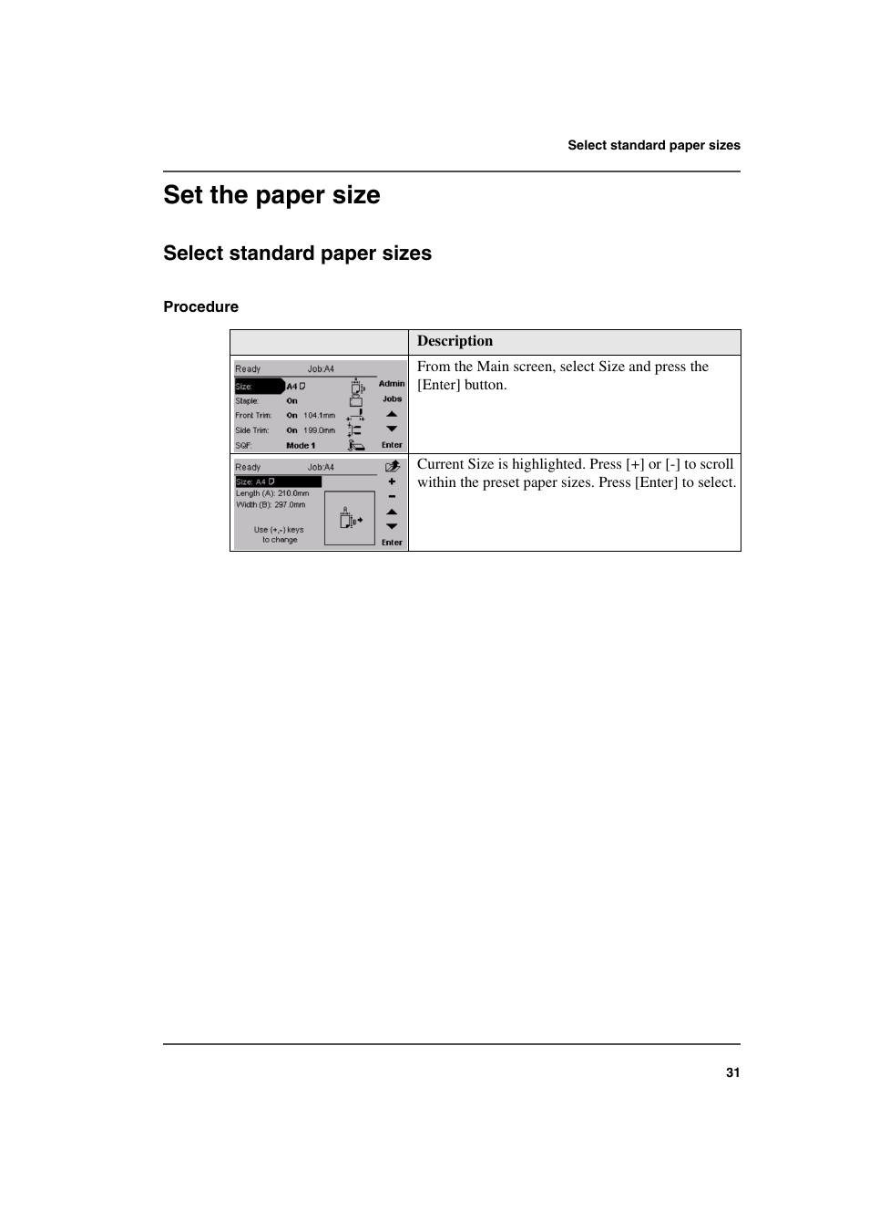 Set the paper size, Select standard paper sizes | Konica Minolta bizhub PRO 2500P User Manual | Page 31 / 108
