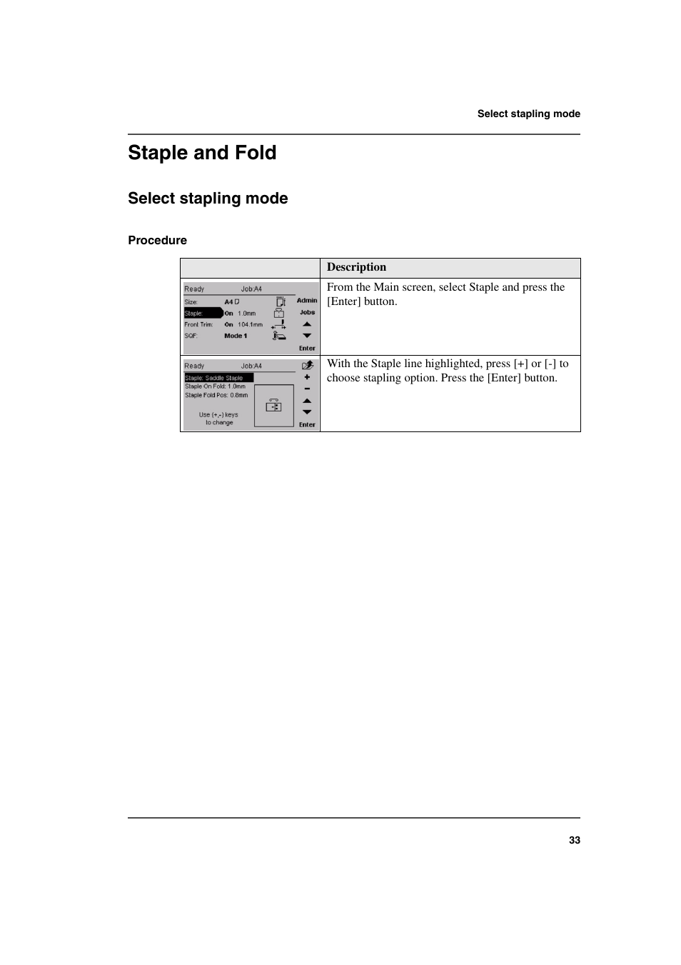 Staple and fold, Select stapling mode | Konica Minolta bizhub PRO 2500P User Manual | Page 33 / 108