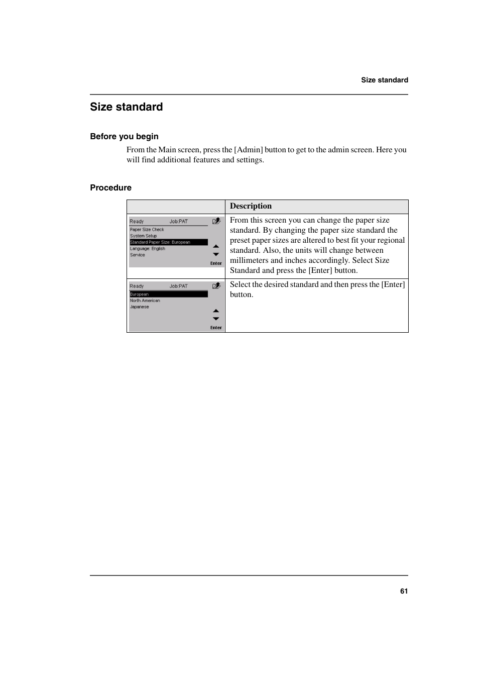 Size standard | Konica Minolta bizhub PRO 2500P User Manual | Page 61 / 108