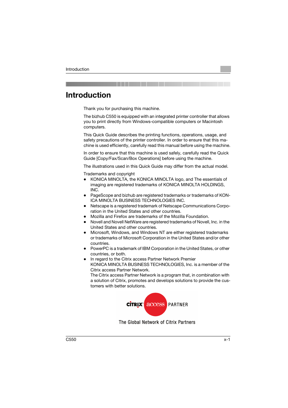 Introduction | Konica Minolta bizhub C550 User Manual | Page 2 / 102