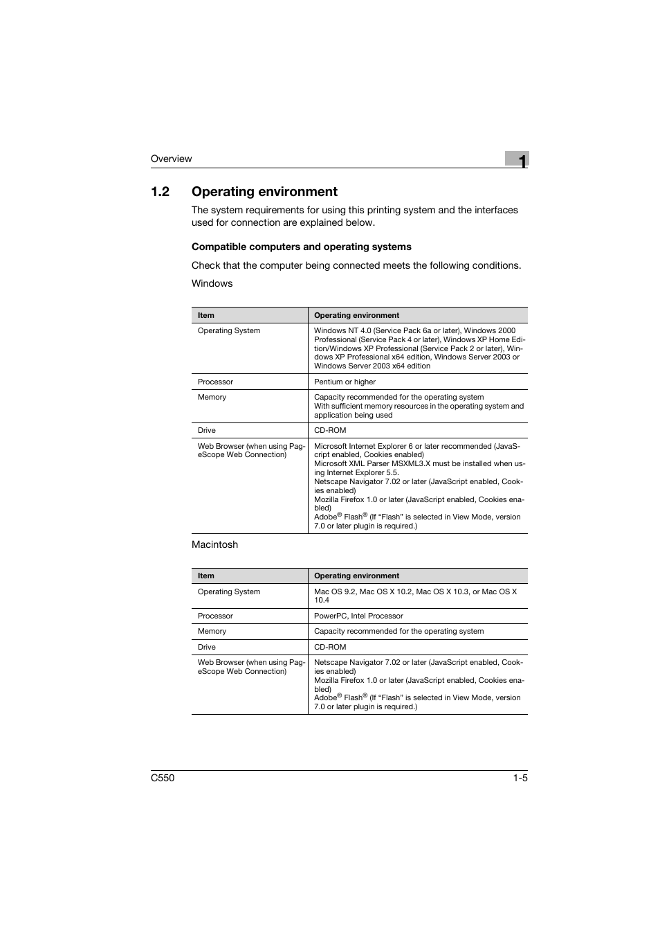 2 operating environment, Compatible computers and operating systems, Operating environment -5 | Compatible computers and operating systems -5 | Konica Minolta bizhub C550 User Manual | Page 30 / 102