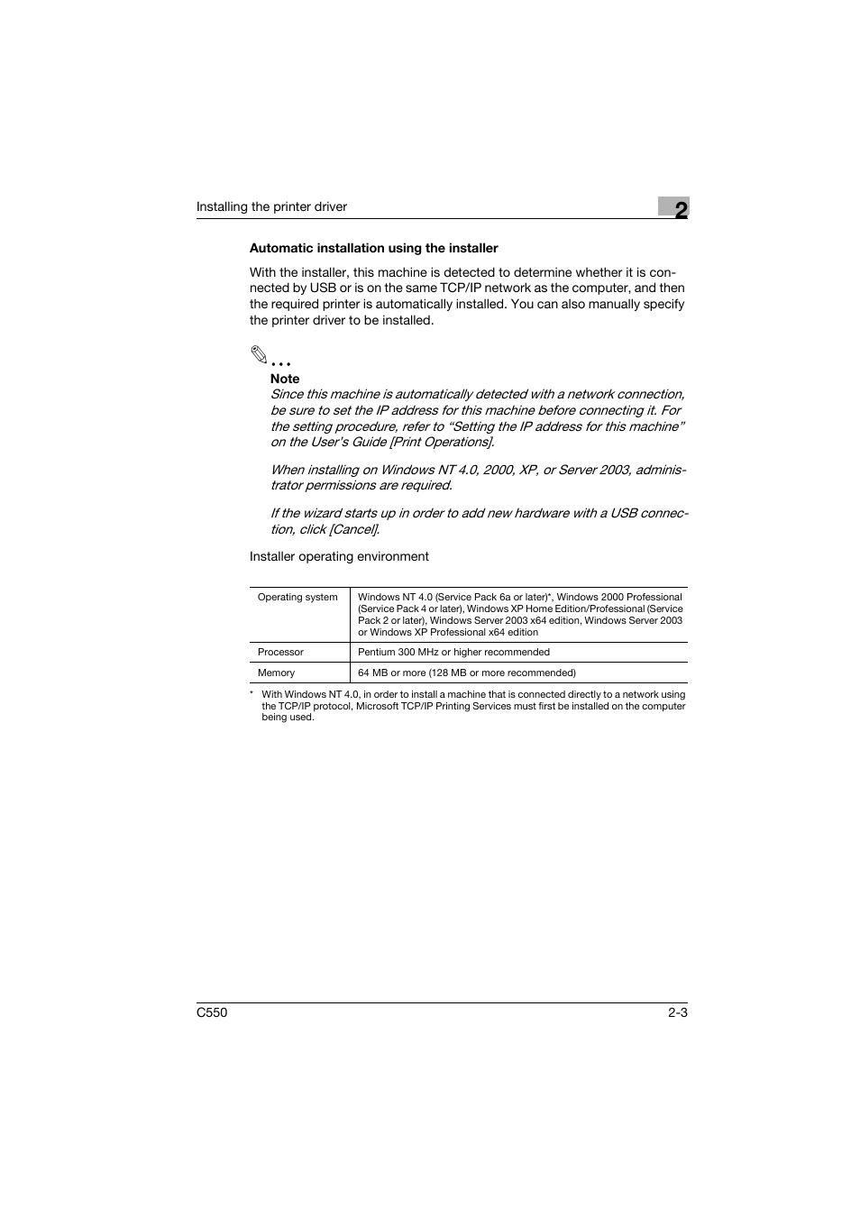 Automatic installation using the installer, Automatic installation using the installer -3 | Konica Minolta bizhub C550 User Manual | Page 38 / 102