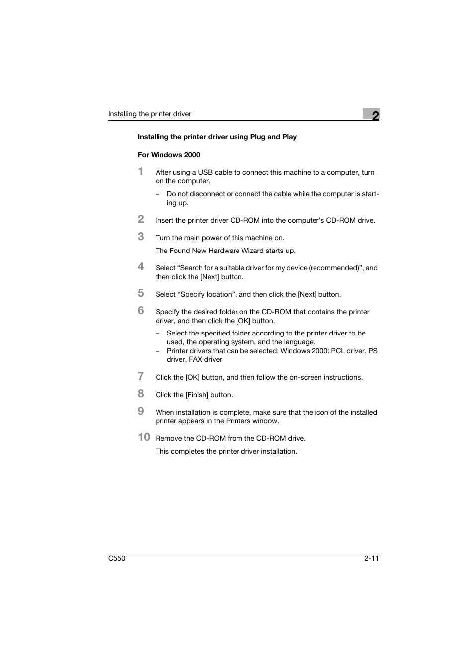 Installing the printer driver using plug and play, For windows 2000 | Konica Minolta bizhub C550 User Manual | Page 46 / 102