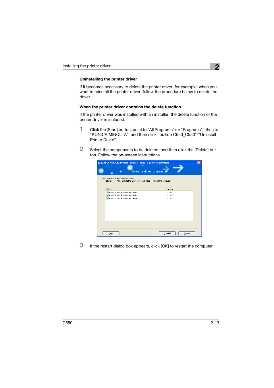 Uninstalling the printer driver | Konica Minolta bizhub C550 User Manual | Page 48 / 102
