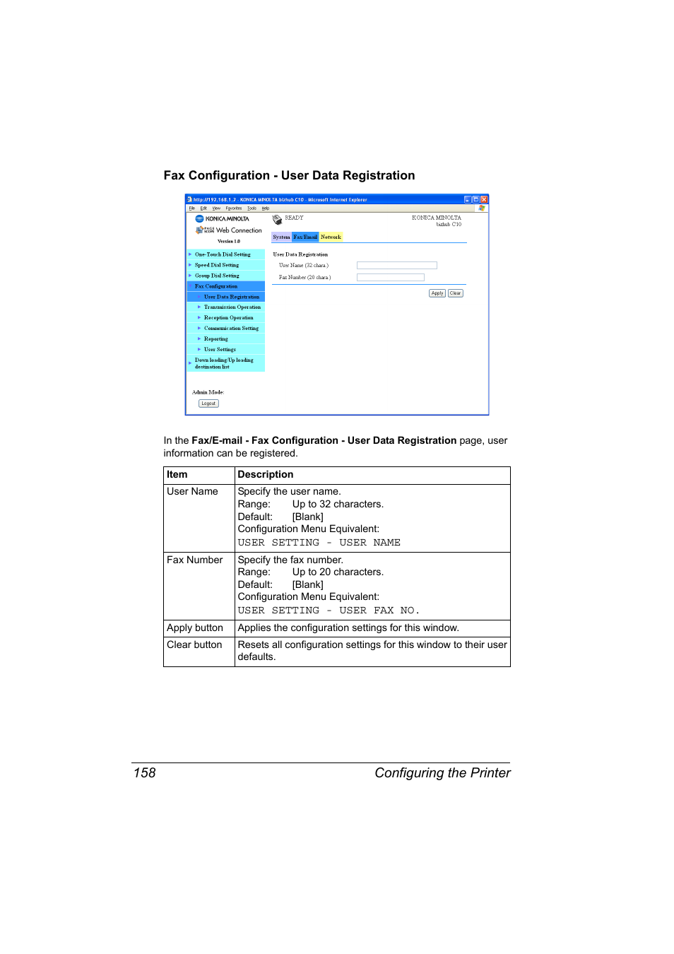Fax configuration - user data registration, Fax configuration - user data registration 158, Configuring the printer 158 | Konica Minolta bizhub C10X User Manual | Page 168 / 198