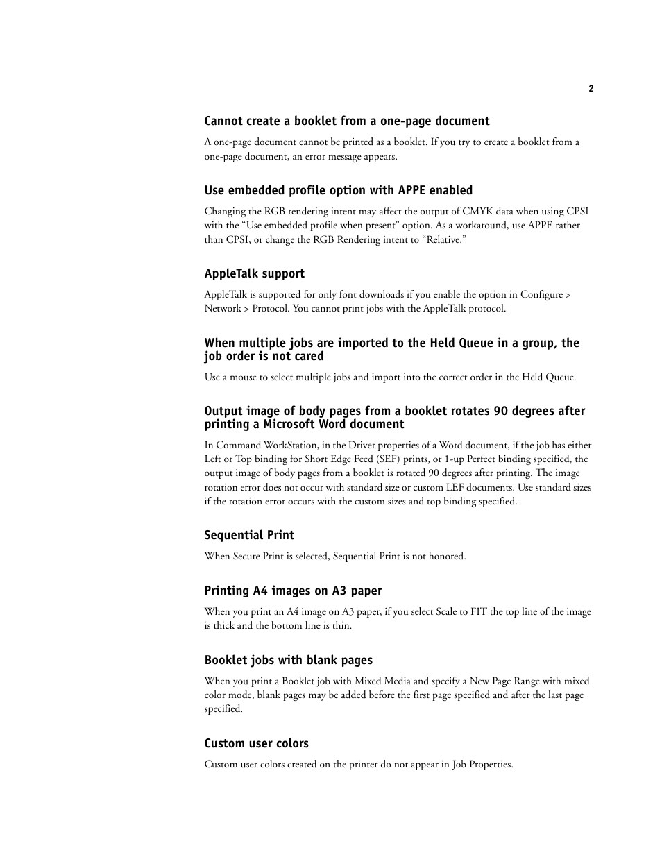 Use embedded profile option with appe enabled, Appletalk support, Sequential print | Printing a4 images on a3 paper, Custom user colors | Konica Minolta bizhub PRESS C1060 User Manual | Page 2 / 9